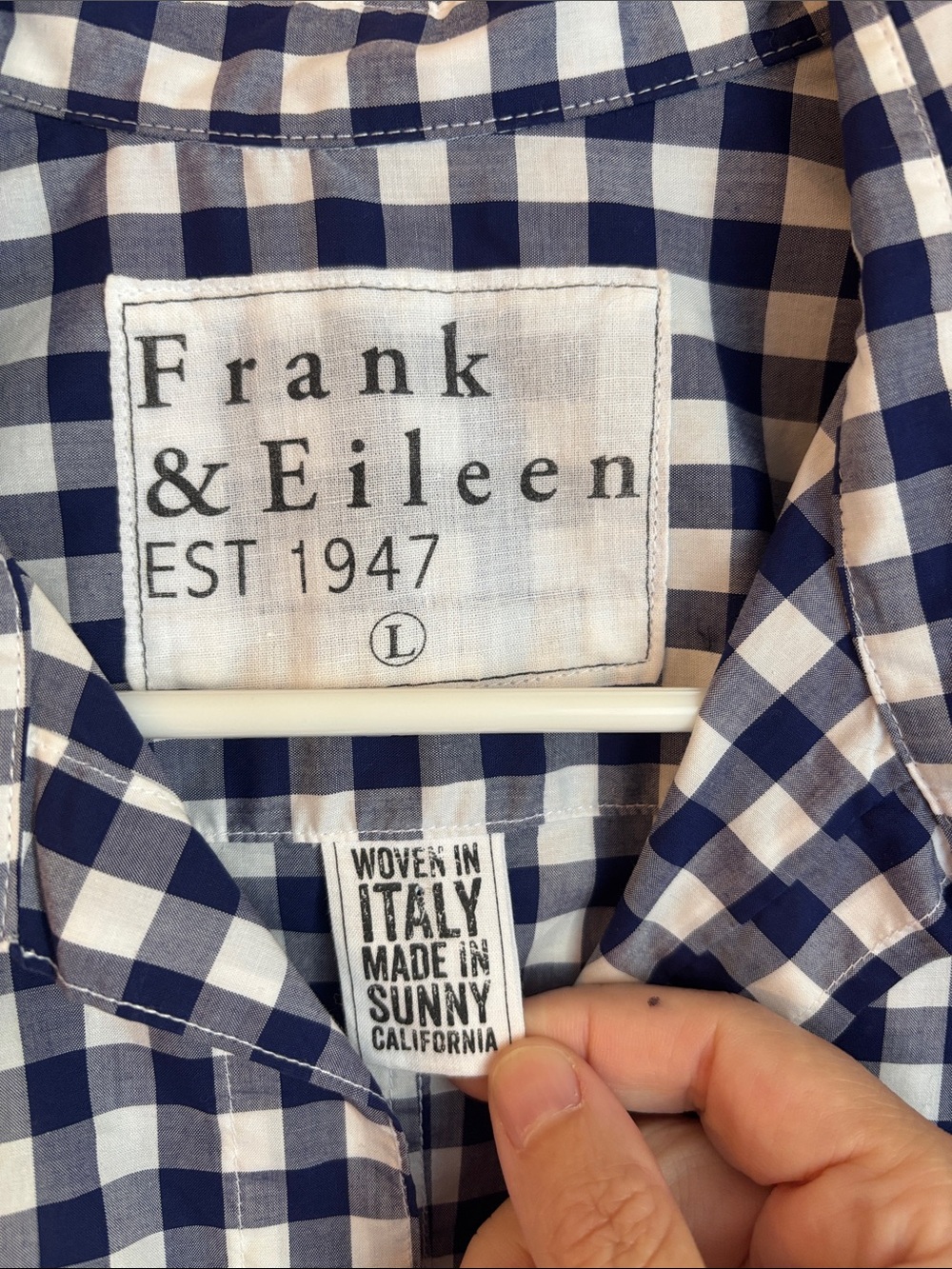 Frank & Eileen Barry Navy and White Gingham Button-Down 100% cotton Shirt LG EUC - Picture 5 of 10
